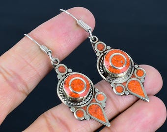 Red Coral Tibetan Silver Dangle Earrings: Bohemian Handmade Jewelry