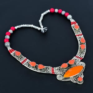 Red Coral Necklace Tibetan Silver Necklace Handmade Bead Jewelry Ethnic Jewelry Bohemian Nepali Necklace Elegant Unique Jewelry Gift For Mum