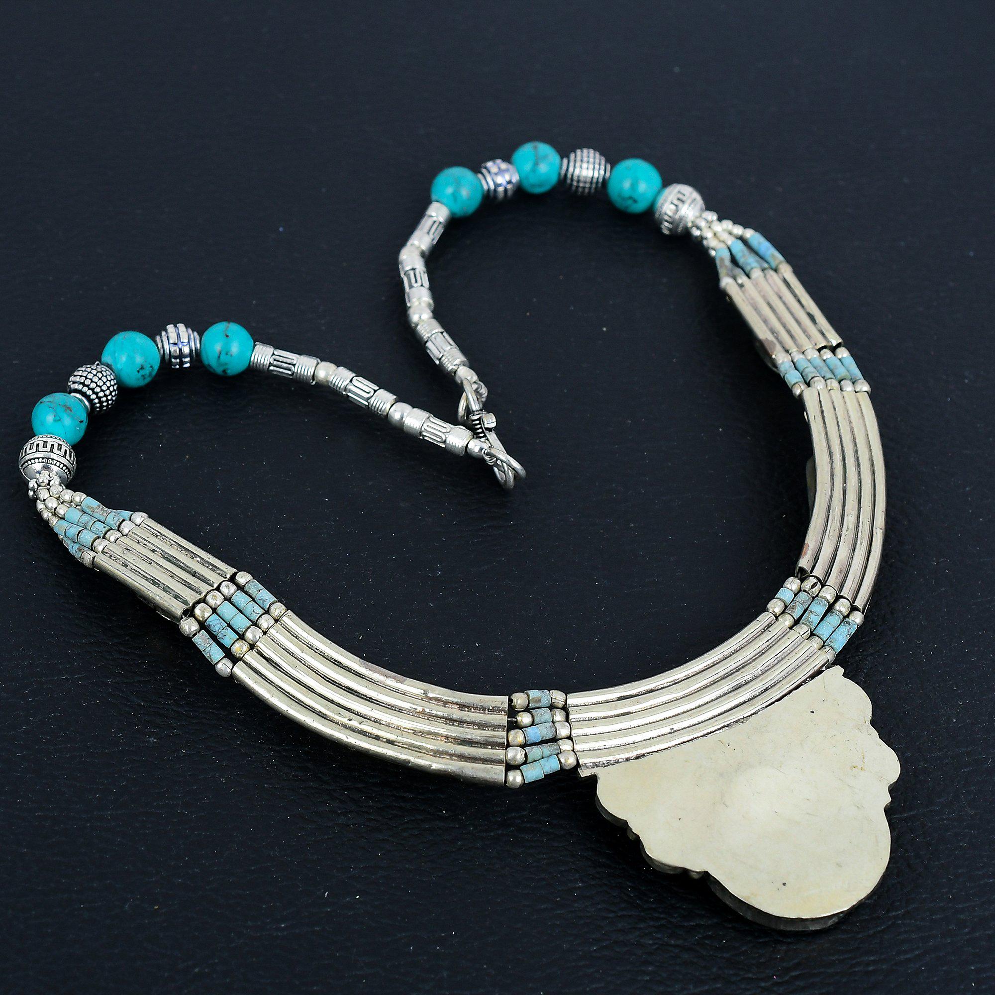 Collier Déclaration Népalais Fait Main - Turquoise Tibétaine - Longueur 18 Pouces (45 Cm) - Argenté Plaqué - Neuf