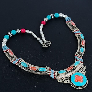 Red Coral Necklace Turquoise Necklace Tibetan Silver Necklace Handmade Nepali Necklace Tibetan Tribal Jewelry Bohemian Necklace Gift For Her