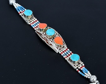Handgemachtes Türkis, Rote Koralle Armband: Tibetisches Silber Boho Tribal Nepalesisch Tibetanisch nepalesisch