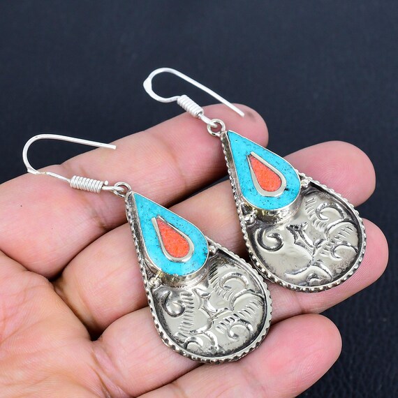 Boucles D'oreilles Vintage Tibétaines - Argent 925 - Turquoise Et Corail - Fait Main - Inde
