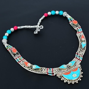 Turquoise Necklace Red Coral Necklace Tibetan Silver Necklace Handmade Jewellery Nepali Bohemian Necklace Unique Design Jewelry Gift For Her