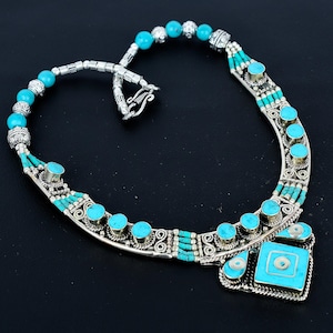Turquoise Tibetan Silver Necklace: Handmade Nepal Beads, Asian Style