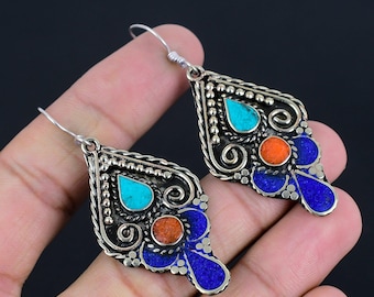 Handmade Tibetan Silver Earrings: Turquoise, Coral & Lapis Lazuli