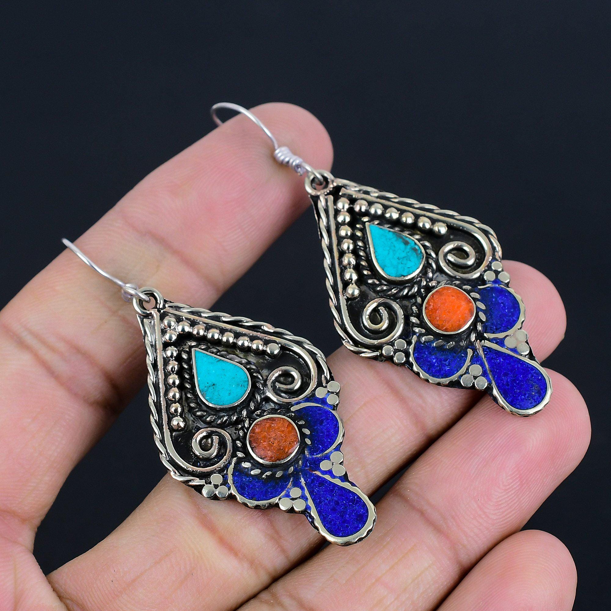 Boucles D'oreilles Artisanales Plaqué Argent & Perles Turquoise - Pendantes Dormeuses - Neuves étiquetées