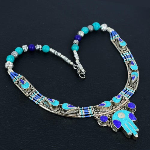 Ciondolo In Turchese Tibetano: Collana In Argento Sterling Fatta A Mano, Stile Minimalista - Italia - Foto 6