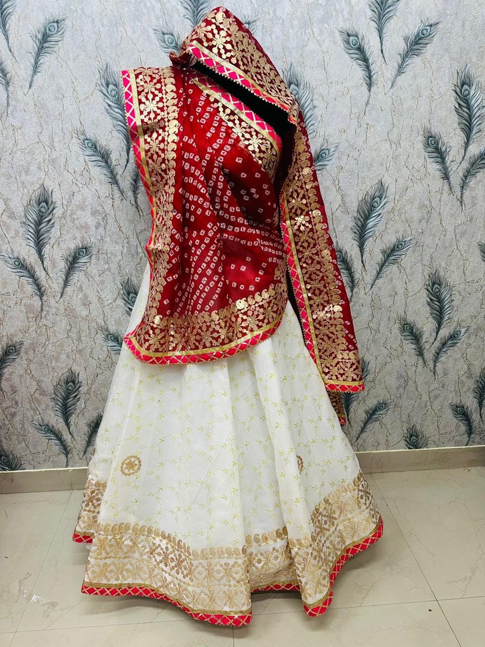 Colorful White Dress With Red Chunri Dupatta White Lehenga With