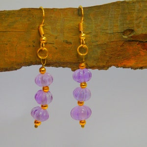 Amethyst Water Melon Beads Natural Amethyst Earrings, Handmade Earrings, Pear Carving Amethyst Earring, Present for her, February Birthstone