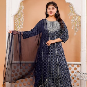 Embroidered Cotton Kurta Palazzo Dupatta Set - Dark Blue Anarkali Kurti