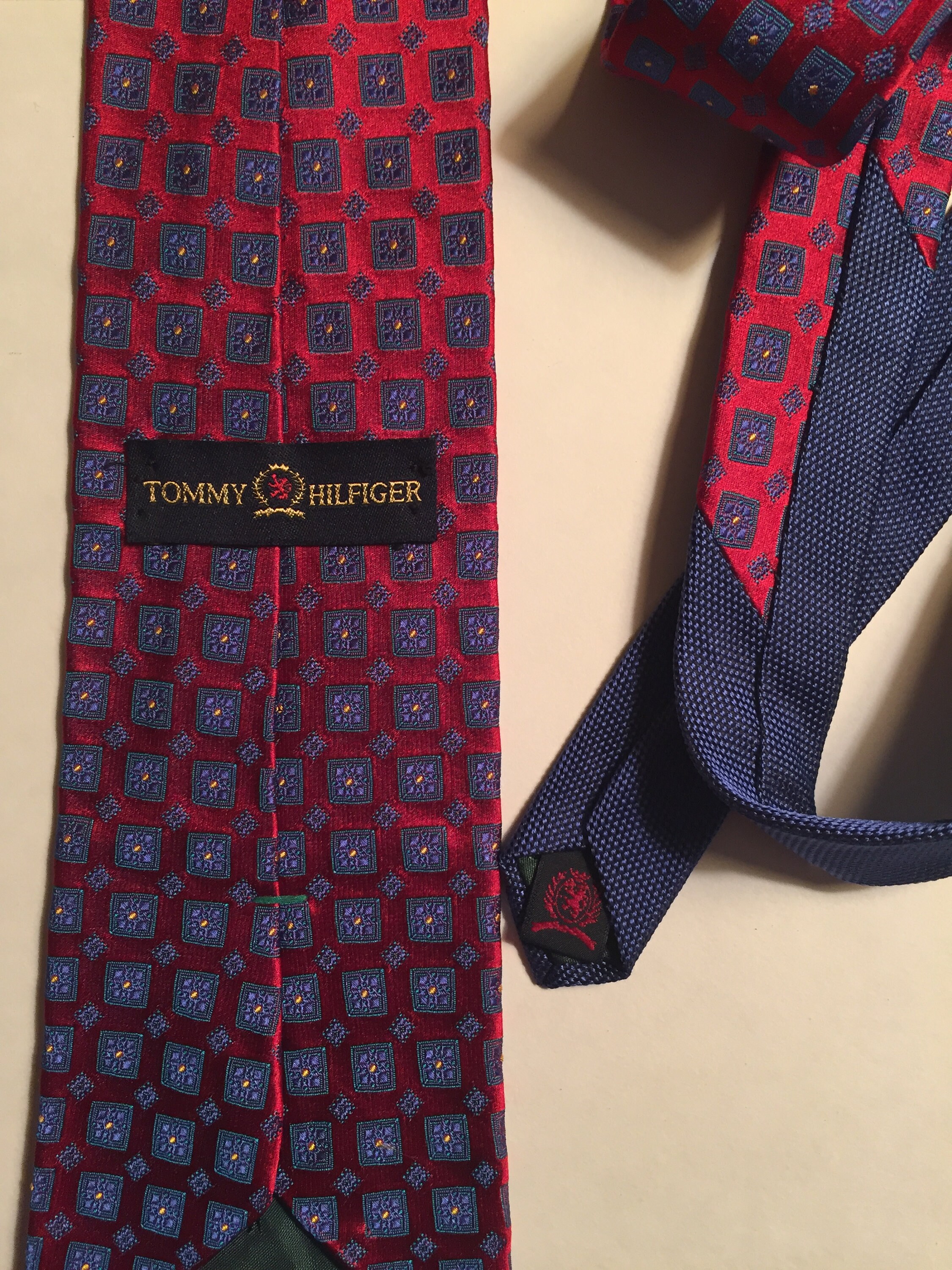 Tommy Hilfiger Vintage Red Silk Tie With Blue Squares - Etsy