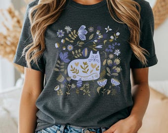 Scandinavian Cat T Shirt, Nordic Folk Cat Tee, Minimal Boho Animal Shirt, Cozy Woodland Graphic Tee, Clean Aesthetic Tee, Bella Canvas Shirt