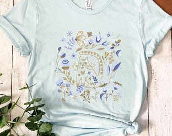 Scandinavian Cat T Shirt, Nordic Folk Cat Tee, Minimal Boho Animal Shirt, Cozy Woodland Graphic Tee, Clean Aesthetic Tee, Bella Canvas Shirt