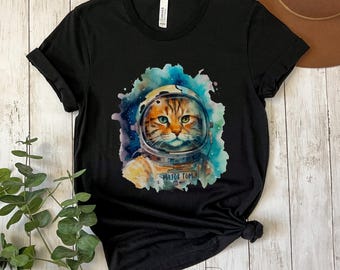 Watercolor Cat T-Shirt, Artistic Astronaut Cat, Cute Cat Lover Gift, Whimsical Cat Tee, Hand-Painted Style, Unisex Cat Shirt, Cat Lover Tee