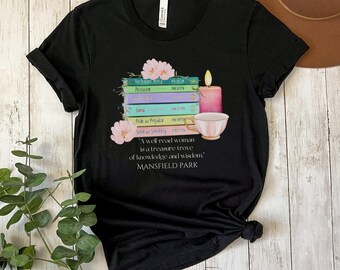 Maglietta con libro, citazione di Jane Austen, ventaglio di Jane Austen, maglietta letteraria, regalo per amanti dei libri, maglietta in stile vintage, abbigliamento letterario, Mansfield Park
