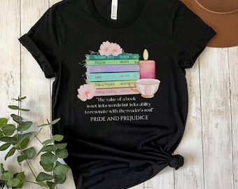 Maglietta con libro, citazione di Jane Austen, ventaglio di Jane Austen, maglietta letteraria, regalo per amanti dei libri, maglietta in stile vintage, abbigliamento letterario, Orgoglio e pregiudizio