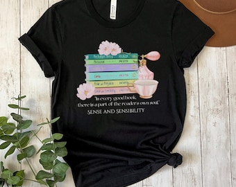 Maglietta con libro, citazione di Jane Austen, ventaglio di Jane Austen, maglietta letteraria, regalo per amanti dei libri, maglietta in stile vintage, abbigliamento letterario, Ragione e sentimento