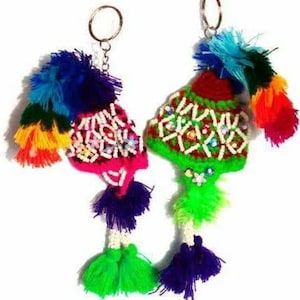 set 3 Peruvian Chullos, Pom Pom Hat Keychain / keychain handmade collectible