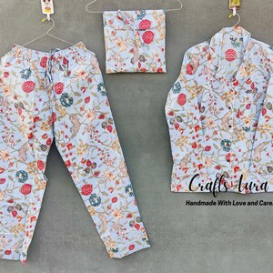 Floral Print Pajama Set, 100% Cotton Pj Set, Indian Handmade Women Night Dress, Blue Color Night Pant & Shirt With Bag Set