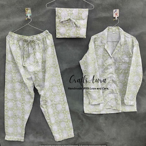 Handmade Floral Cotton Pajama Set: Indian Block Print Night Dress