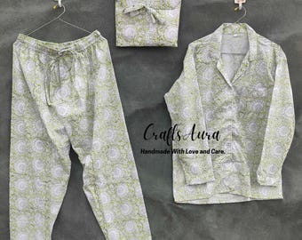 Handmade Floral Cotton Pajama Set: Indian Block Print Night Dress