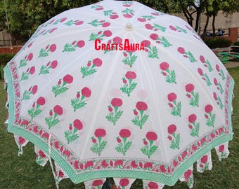Katoenen paraplu met blokprint: grote boho-parasol voor terras of strand