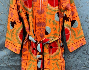 Embroidery Cotton Suzani Kimono Robe Orange Winter Coat with Belt