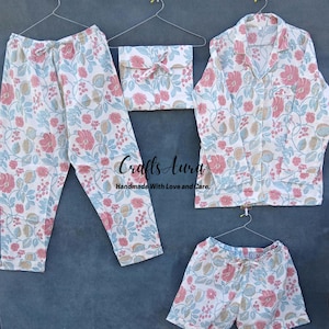 Soft Cotton Night Suit, Indian Cotton Pajama Set, Handmade Women Cotton Night Dress, Floral Print,