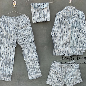 Ensemble de pyjama en coton à imprimé floral Handblock Robe de nuit pour femme, couleur bleue, Robe de nuit ultra-douce légère pour femme Chemise en coton avec short