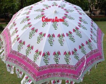 Hand Block Printed Cotton Umbrella: Bohemian Garden Patio Parasol