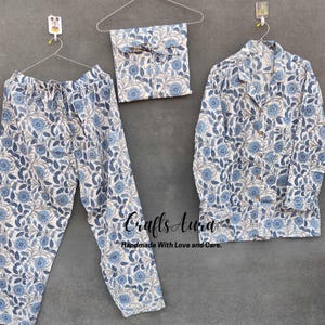 Ensemble de pyjama en coton bleu imprimé bloc pour femme Pyjama en coton pour femme Pyjama de détente bloc main imprimé cadeaux pour elle