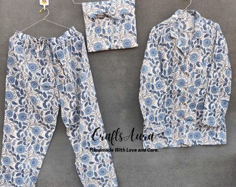 Blue Floral Block Printed Cotton Pajama Set: Handmade Loungewear