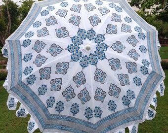 White Umbrella Indian Cotton Garden Umbrella Handblock SunShade, 72'' Diameters Large Umbrella Home Garden Decor Parasol Beach/Pool Parasols