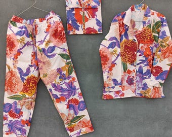 Handmade Block Print Cotton Pajama Set: Floral Summer Sleepwear