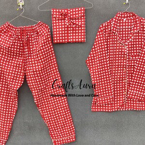 Hand Block Printed Cotton Pajama Set: Red Checkered Summer Sleepwear