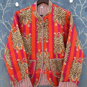 Orange Tiger Printed Cotton Quilted Jacket: Boho Handmade Women's Coat