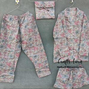 Indian Handmade Women Night Dress Cotton Handmade Pant Shirt With Short Set Night Suit Flower Block Print Dress Pajama Set