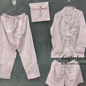 Pink Handblock Printed Indian Pajama Set 100% Soft Cotton Women Night Dress Handmade Pajama Set Floral Printed Night Suit, Pants Shirt Set