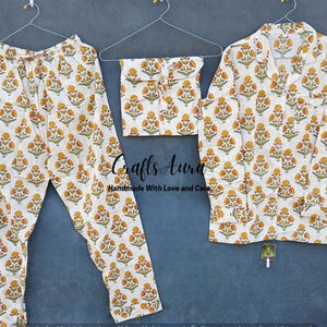 Floral Print Cotton Pajama Set, Indian Handmade Summer Night Dress, Women Cotton Night Dress, Pajama And Shirt With Bag