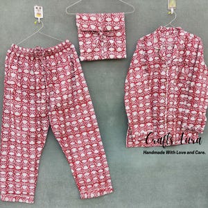 Handblock Printed Cotton Pajama Set, Indian Handmade Women Night Cotton Pajama Set, Shirt And Pajama With Bag Set