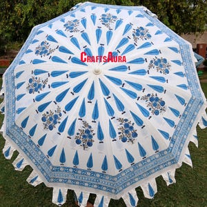 Garden Umbrella Hand Block Print, Indian Handmade Large Big Parasol Outdoor Patio Decoration, bohemian Beach Umbrella Yellow Garden Umbrella