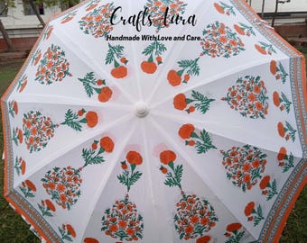 Orange Hand Block Printed Cotton Umbrella: Bohemian Patio Decor