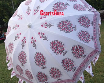 Tuinparasol met bloemenprint: handgemaakte katoenen paraplu met Indiase blokprint