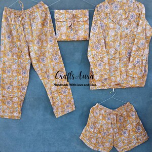 Ensemble pyjama en coton pour femme, chemise de nuit indienne en coton faite main, chemise de nuit en coton à imprimé floral, ensemble pyjama et chemise avec sac