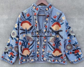 Handmade Suzani Embroidered Cotton Jacket: Boho Women's Coat