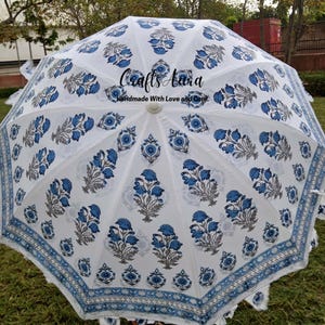 Blue Hand Block Printed Cotton Umbrella: Bohemian Garden Parasol