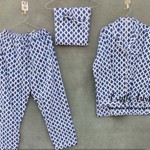 Ensemble de pyjama en coton indien imprimé à la main Ensemble de chemise et pantalon en coton imprimé à la main 100 % coton Ensemble chemise et pantalon bleu