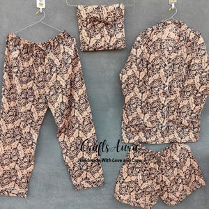 Ensemble pyjama de nuit pour femme, pyjama indien en coton fait main, shorts ethniques et chemises avec sac, pyjama 3 pièces noir, cadeau de demoiselle d'honneur