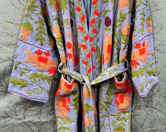 Embroidered Cotton Suzani Kimono Robe: Long Winter Coat with Belt