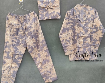 Conjunto de pijama de algodão com estampa artesanal em bloco: roupa de dormir macia
